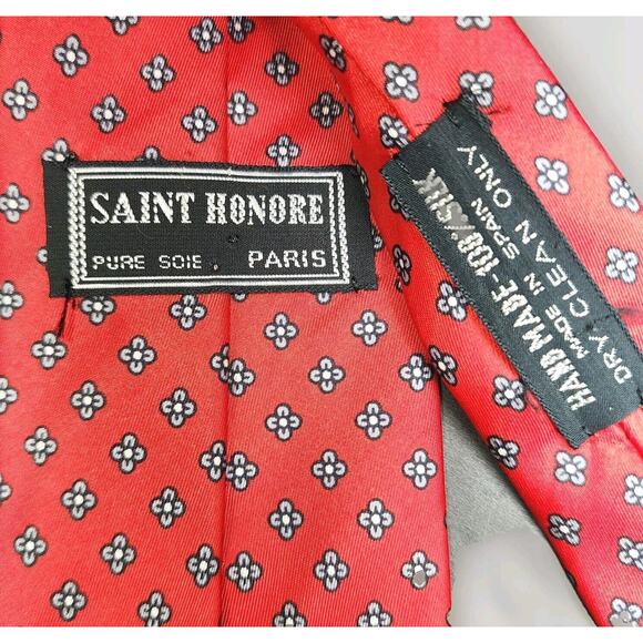 Saint Honore Paris Designer Tie 100% Silk Hand Made In Spain Skinny Style Red EX - Picture 5 of 5